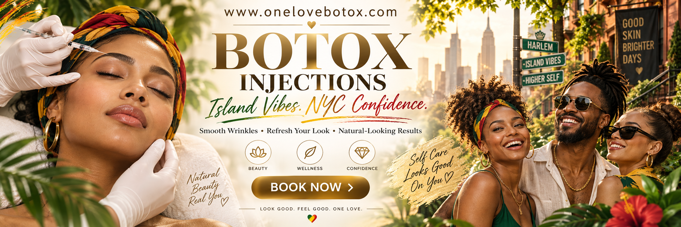 One Love Botox banner with island vibes, NYC confidence, mobile Botox imagery, and a Book Now call to action